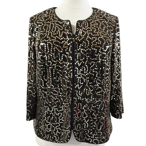 Alex Evenings Black Gold Sequin Metallic Collarless Lightweight Topper Jacket - Picture 1 of 8
